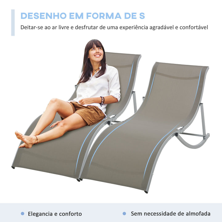 Conjunto de 2 Espreguiçadeiras de Jardim em Forma de S com Estrutura de Aluminio e Textilene para Piscina Pátio Varanda 165x61x63 cm Cinza