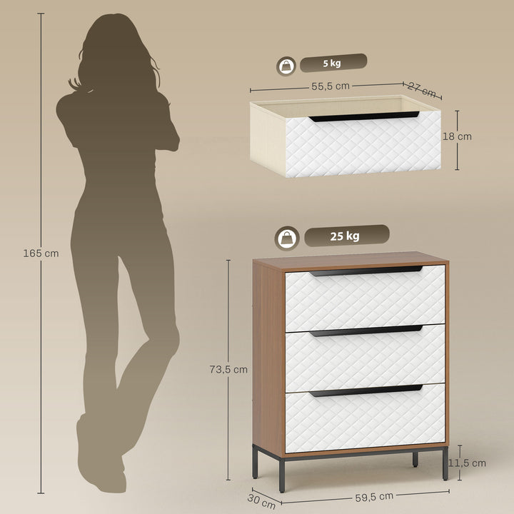 Cómoda com 3 Gavetas de Tecido Cómoda para Quarto Frentes com Padrão de Diamante Móvel de Arrumação para Sala de Estar Escritório Closet 59,5x30x73,5 cm Madeira e Branco