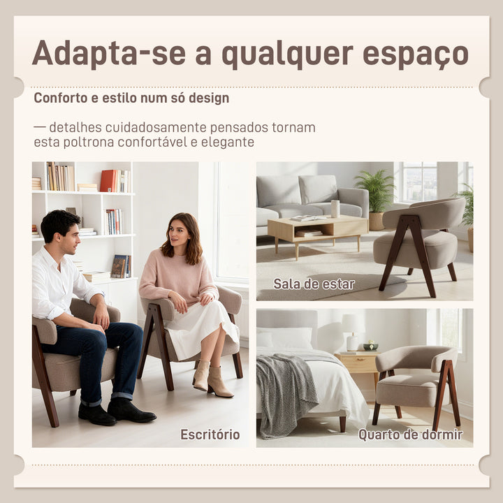 Poltrona de Sala de Estar Estofada em Borreguito Poltrona de Leitura Almofadada e Moderna Assento Largo Pés de Madeira e Encosto Curvo para Quarto Escritório 70x64x71 cm Marrom Claro