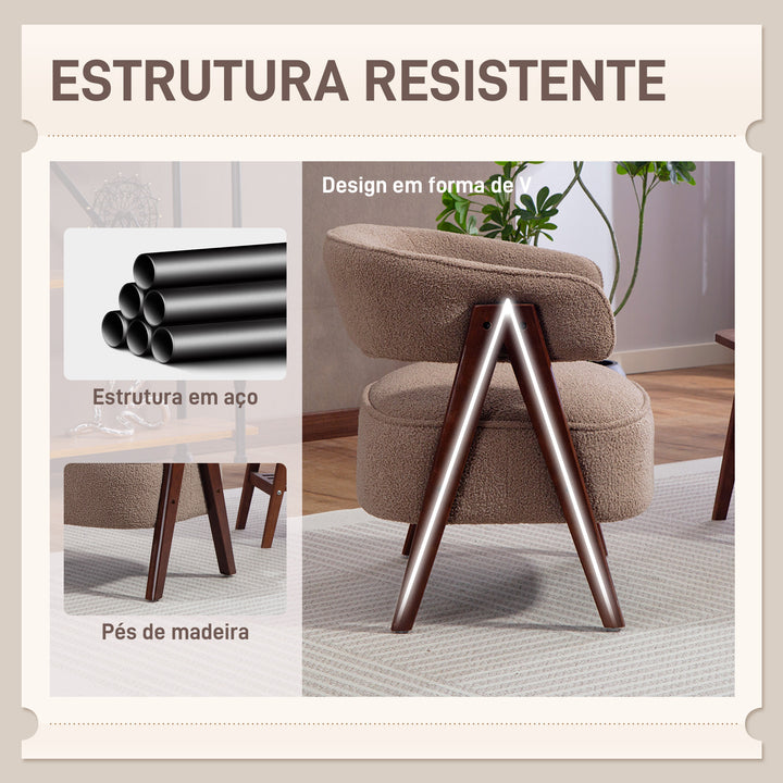 Poltrona de Sala de Estar Estofada em Borreguito Poltrona de Leitura Almofadada e Moderna Assento Largo Pés de Madeira e Encosto Curvo para Quarto Escritório 70x64x71 cm Marrom Claro