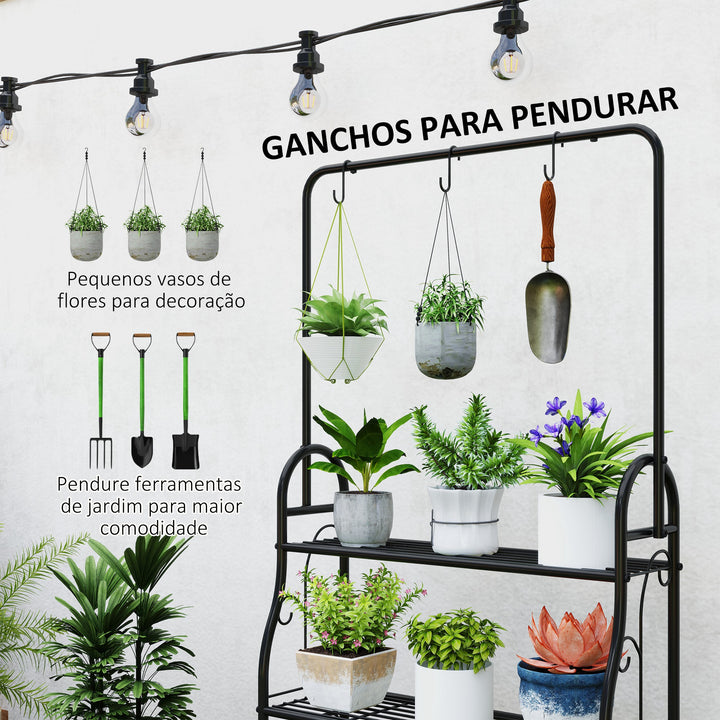 Suporte para Plantas de 3 Níveis Suporte para Vasos de Plantas com Ganchos de Metal Barra para Pendurar Suporte para Vasos para Interior e Exterior 75x25x137 cm Preto