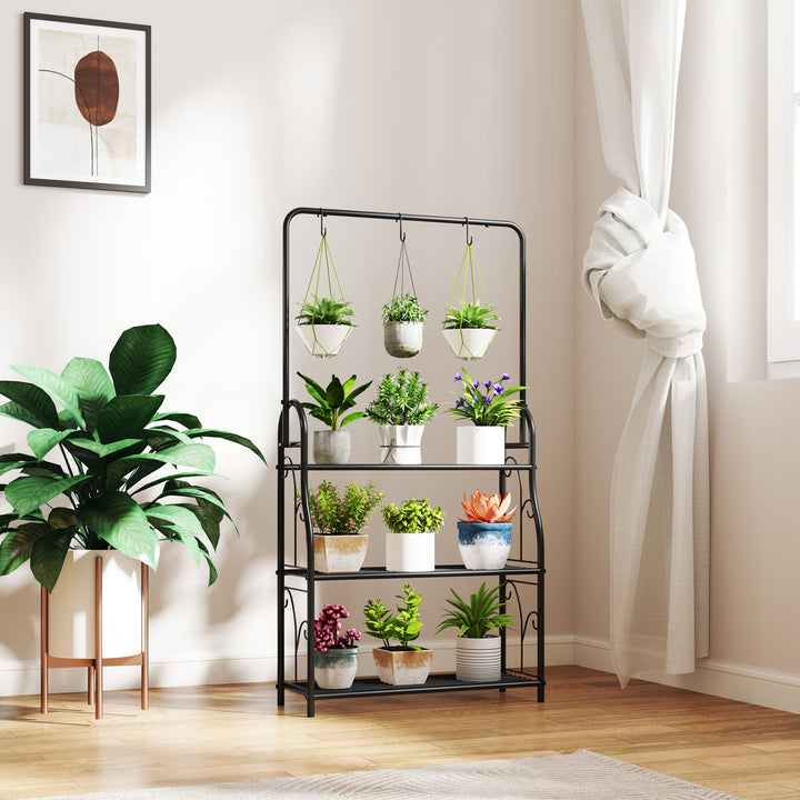 Suporte para Plantas de 3 Níveis Suporte para Vasos de Plantas com Ganchos de Metal Barra para Pendurar Suporte para Vasos para Interior e Exterior 75x25x137 cm Preto