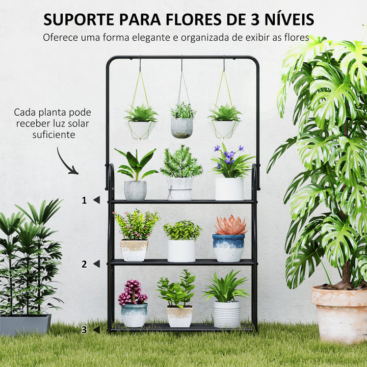 Suporte para Plantas de 3 Níveis Suporte para Vasos de Plantas com Ganchos de Metal Barra para Pendurar Suporte para Vasos para Interior e Exterior 75x25x137 cm Preto