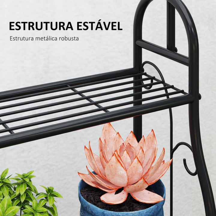Suporte para Plantas de 3 Níveis Suporte para Vasos de Plantas com Ganchos de Metal Barra para Pendurar Suporte para Vasos para Interior e Exterior 75x25x137 cm Preto