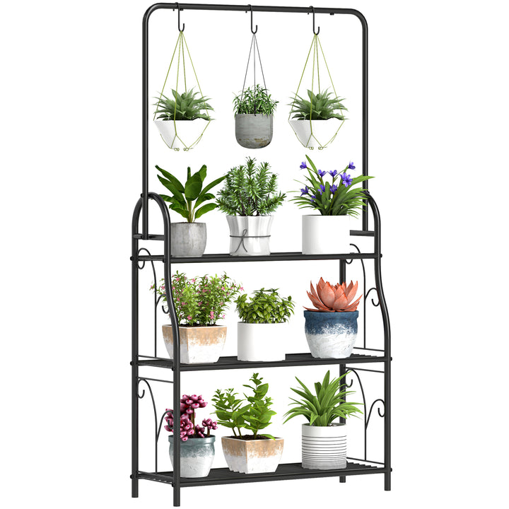 Suporte para Plantas de 3 Níveis Suporte para Vasos de Plantas com Ganchos de Metal Barra para Pendurar Suporte para Vasos para Interior e Exterior 75x25x137 cm Preto