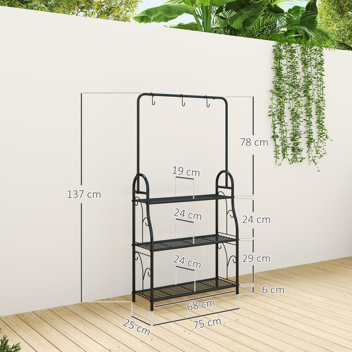 Suporte para Plantas de 3 Níveis Suporte para Vasos de Plantas com Ganchos de Metal Barra para Pendurar Suporte para Vasos para Interior e Exterior 75x25x137 cm Preto