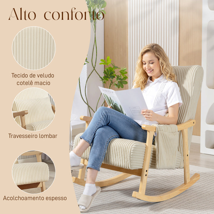 Cadeira de Baloiço, Cadeira de Veludo Cotelê com Almofada Lombar, Pés e Braços em Madeira, Assento Largo, Bolso Lateral, Estilo Moderno, Cadeira de Relaxamento, Suporta até 120 kg, para Quarto ou Sala, Bege