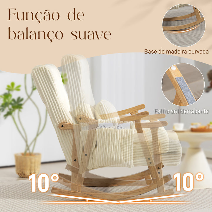 Cadeira de Baloiço, Cadeira de Veludo Cotelê com Almofada Lombar, Pés e Braços em Madeira, Assento Largo, Bolso Lateral, Estilo Moderno, Cadeira de Relaxamento, Suporta até 120 kg, para Quarto ou Sala, Bege