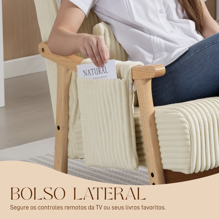 Cadeira de Baloiço, Cadeira de Veludo Cotelê com Almofada Lombar, Pés e Braços em Madeira, Assento Largo, Bolso Lateral, Estilo Moderno, Cadeira de Relaxamento, Suporta até 120 kg, para Quarto ou Sala, Bege
