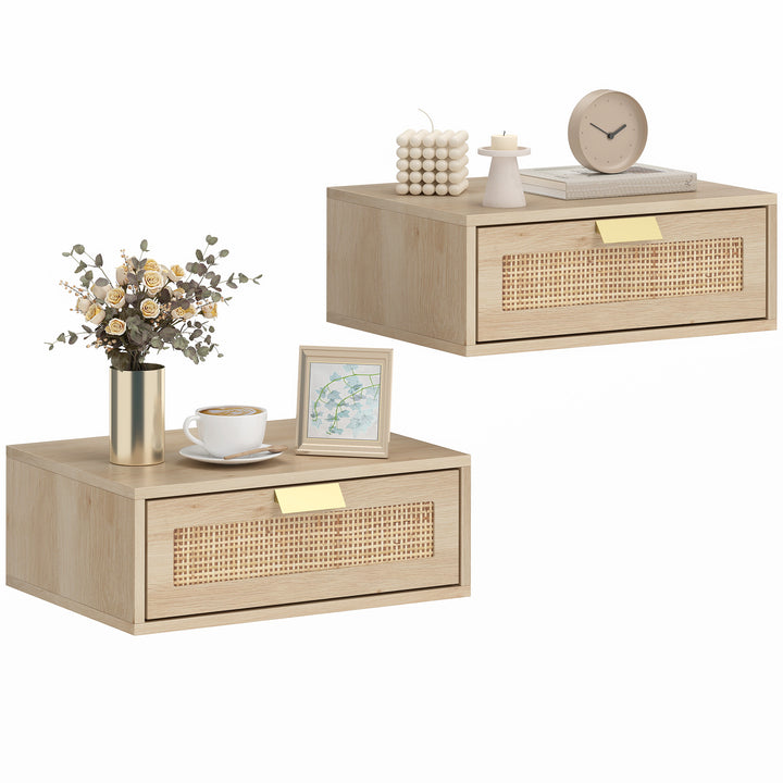 Conjunto de 2 Mesas de Cabeceira Flutuantes Mesas de Cabeceira com Gaveta de Vime Poupa Espaço Design Moderno para Quarto 40x30x15 cm Carvalho
