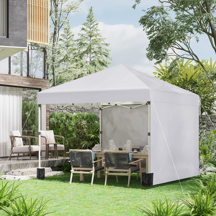 Tenda Dobrável Pop-up 297x297x288 cm Tenda para Eventos com 2 Paredes Laterais Anti-UV Altura Ajustável em 3 Níveis Sacos de Areia e Bolsa de Transporte com Rodas para Campismo Festas Branco