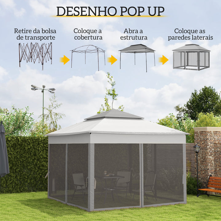 Tenda Dobrável Exterior 325x325x270 cm Tenda de Jardim com Teto Duplo Rede Mosquiteira Amovível e Bolsa de Transporte para Jardim Pátio Cinzento