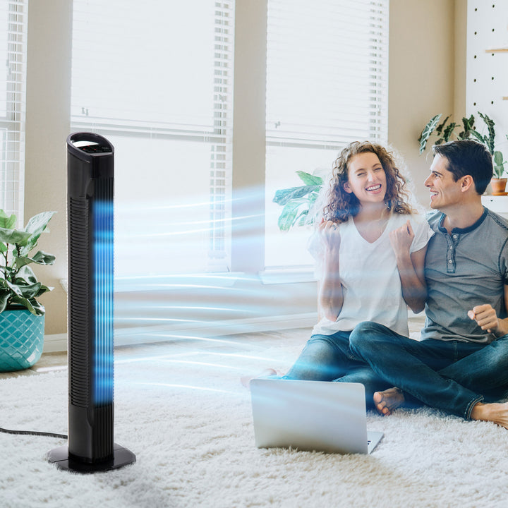 Ventoinha de Coluna 50W com Controlo Remoto 3 Velocidades Ecrã LCD Temporizador 7,5h e Oscilante 70° Ø20x78,5 cm Preto