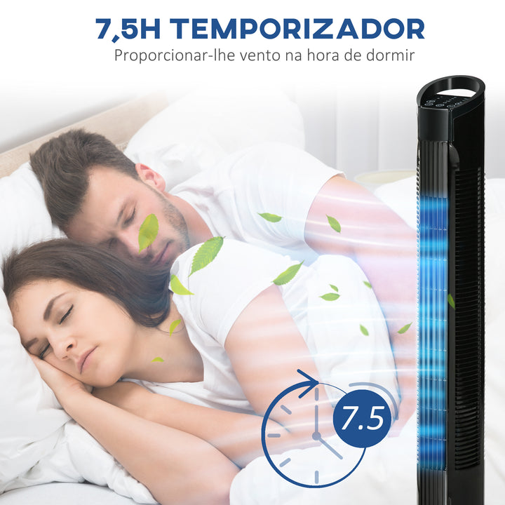 Ventoinha de Coluna 50W com Controlo Remoto 3 Velocidades Ecrã LCD Temporizador 7,5h e Oscilante 70° Ø20x78,5 cm Preto
