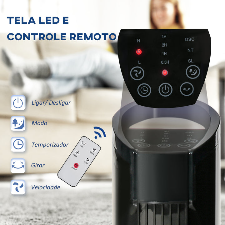 Ventoinha de Coluna 50W com Controlo Remoto 3 Velocidades Ecrã LCD Temporizador 7,5h e Oscilante 70° Ø20x78,5 cm Preto