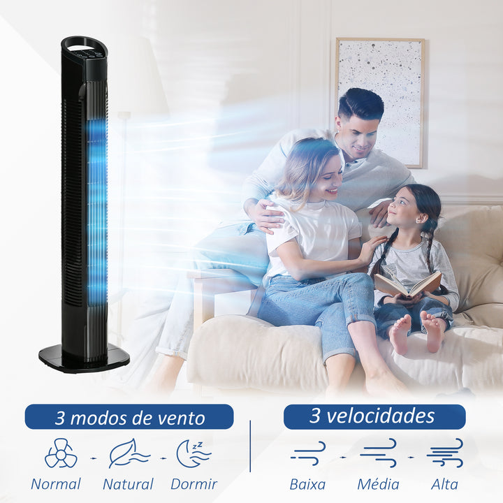 Ventoinha de Coluna 50W com Controlo Remoto 3 Velocidades Ecrã LCD Temporizador 7,5h e Oscilante 70° Ø20x78,5 cm Preto