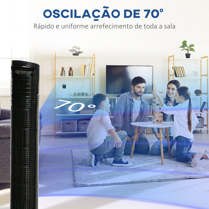 Ventoinha de Coluna 50W com Controlo Remoto 3 Velocidades Ecrã LCD Temporizador 7,5h e Oscilante 70° Ø20x78,5 cm Preto