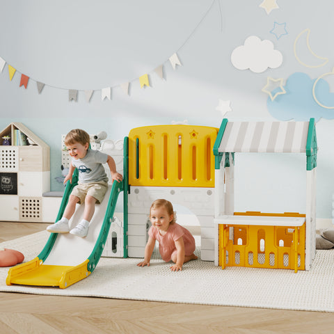 Escorrega Infantil 7 em 1 com Casinha para Crianças Escorrega com Escada Aro de Basquetebol Túnel Quadro Telescópio para Interior 189x180x111 cm Amarelo e Verde