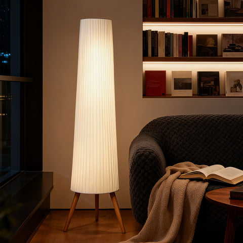 Candeeiro de Pé com Tripé Brilho Ajustável 3 Níveis Candeeiro de Pé de Sala Nórdica com Interruptor de Pé Pernas de Madeira e Ecrã de Tecido para Quarto, Escritório Decoração 46x46x153 cm Branco