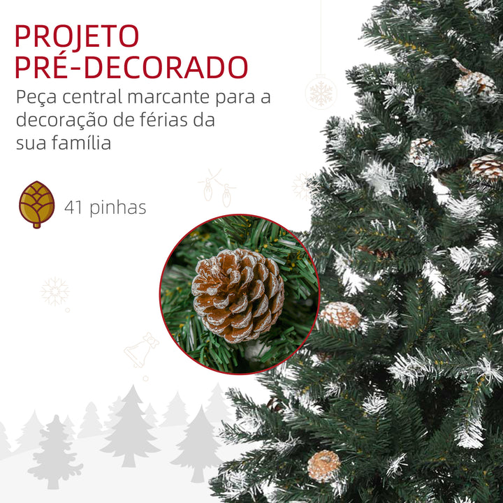 Árvore de Natal Artificial 150cm com 676 Ramas e 41 Pinhas Folhas de PVC com Efeito de Neve Base Dobrável e Suporte Metálico para Interiores Verde