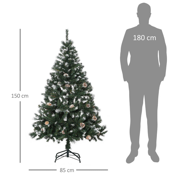Árvore de Natal Artificial 150cm com 676 Ramas e 41 Pinhas Folhas de PVC com Efeito de Neve Base Dobrável e Suporte Metálico para Interiores Verde