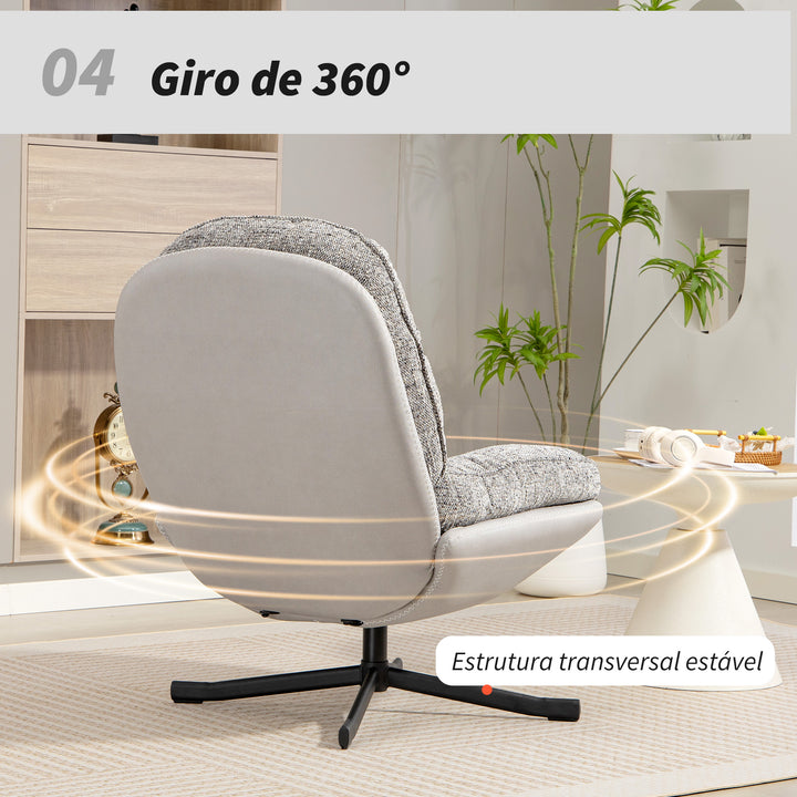 Poltrona Giratória Moderna Poltrona de Sala com Base Cruzada Estofada em Chenille e Couro PU Assento Largo Duplo Pernas de Aço e Apoios de Braço Poltrona Relax para Sala de Estar Quarto 78x95x99 cm Cinza