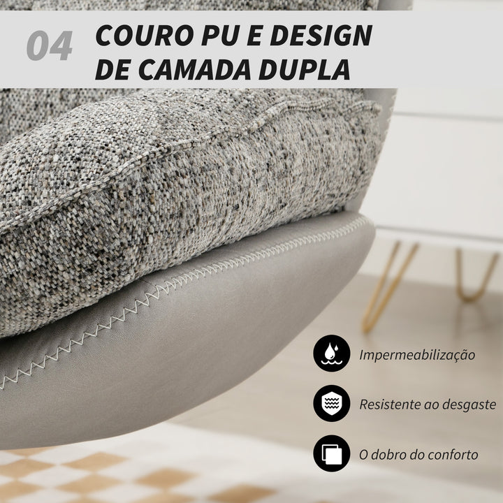 Poltrona Giratória Moderna Poltrona de Sala com Base Cruzada Estofada em Chenille e Couro PU Assento Largo Duplo Pernas de Aço e Apoios de Braço Poltrona Relax para Sala de Estar Quarto 78x95x99 cm Cinza