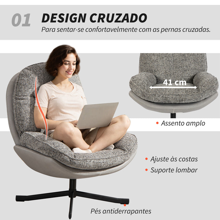 Poltrona Giratória Moderna Poltrona de Sala com Base Cruzada Estofada em Chenille e Couro PU Assento Largo Duplo Pernas de Aço e Apoios de Braço Poltrona Relax para Sala de Estar Quarto 78x95x99 cm Cinza