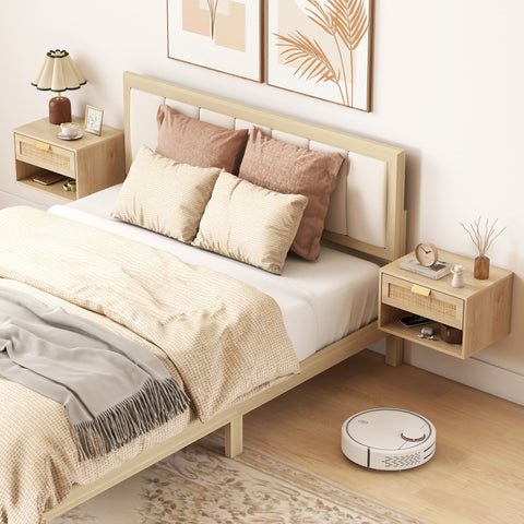 Conjunto de 2 Mesas de Cabeceira Suspensas Mesas de Cabeceira com Gaveta de Vime Prateleira Aberta Economiza Espaço Design Nórdico para Sala de Estar 40x30x25 cm Carvalho