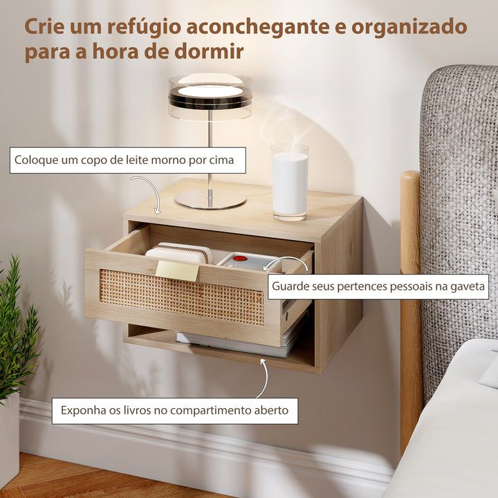 Conjunto de 2 Mesas de Cabeceira Suspensas Mesas de Cabeceira com Gaveta de Vime Prateleira Aberta Economiza Espaço Design Nórdico para Sala de Estar 40x30x25 cm Carvalho