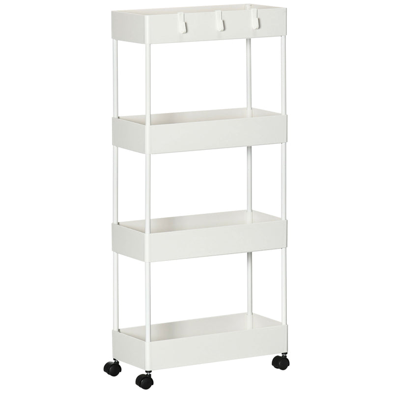 Carrinho Auxiliar com Rodas Carrinho de Armazenamento com 4 Cestas e 4 Ganchos Amovíveis para Cozinha Casa de Banho Sala de Estar 40x19x90 cm Branco