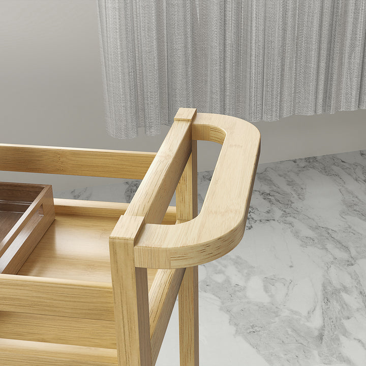 Carrinho para Casa de Banho de Bambu com 3 Níveis Carrinho de Arrumação com Rodas para Casa de Banho Cozinha 55x20x75 cm Madeira