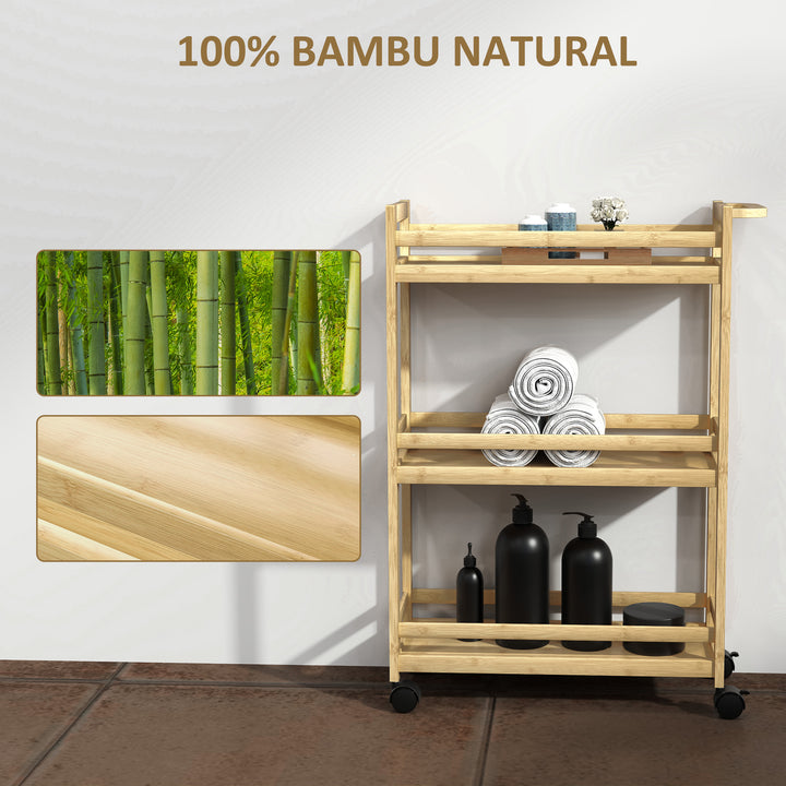 Carrinho para Casa de Banho de Bambu com 3 Níveis Carrinho de Arrumação com Rodas para Casa de Banho Cozinha 55x20x75 cm Madeira