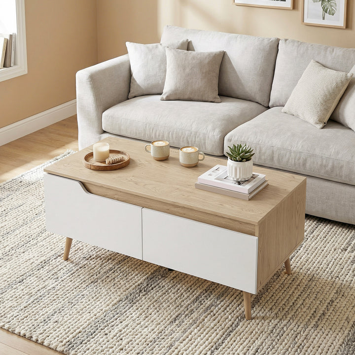 Mesa de Centro Moderna com 2 Gavetões e Pés de Madeira de Borracha para Sala de Estar ou Quarto 100x50x46 cm Carvalho