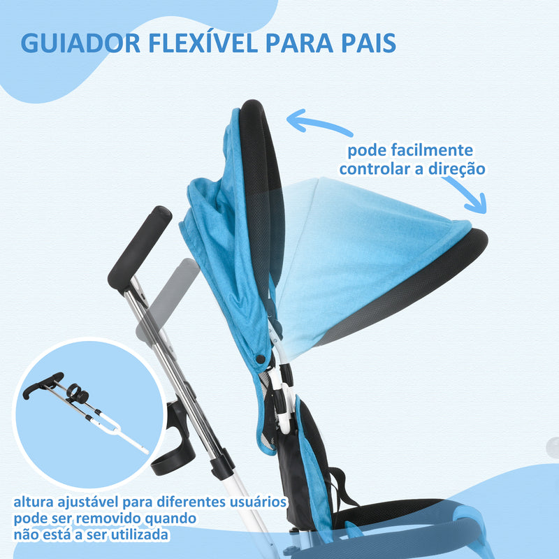 Triciclo para Bebés 2 em 1 Triciclo Evolutivo para Crianças de +12 Meses com Toldo Dobrável Guiador Telescópico e Removível Cinto de Segurança e Cesto 95x50x106 cm Azul