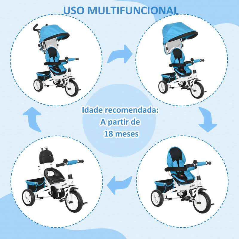 Triciclo para Bebés 2 em 1 Triciclo Evolutivo para Crianças de +12 Meses com Toldo Dobrável Guiador Telescópico e Removível Cinto de Segurança e Cesto 95x50x106 cm Azul