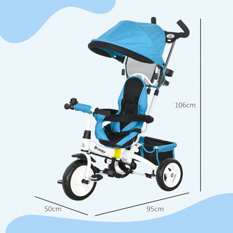 Triciclo para Bebés 2 em 1 Triciclo Evolutivo para Crianças de +12 Meses com Toldo Dobrável Guiador Telescópico e Removível Cinto de Segurança e Cesto 95x50x106 cm Azul