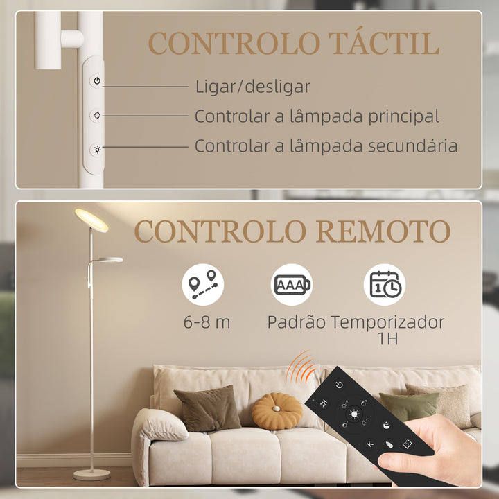 Candeeiro de Pé LED 42W Candeeiro de Pé para Sala Giratória com Controlo Remoto e Táctil Temperatura de Cor e Brilho Ajustáveis para Salas de Estar Quartos Escritórios Ø25x175 cm Branco