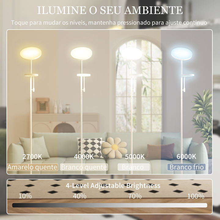 Candeeiro de Pé LED 42W Candeeiro de Pé para Sala Giratória com Controlo Remoto e Táctil Temperatura de Cor e Brilho Ajustáveis para Salas de Estar Quartos Escritórios Ø25x175 cm Branco