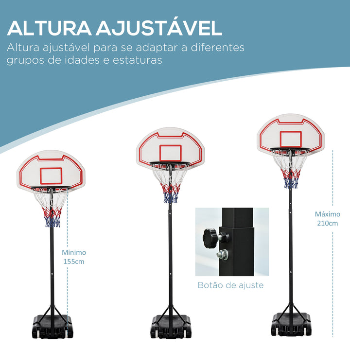 Tabela de basquetebol dobrável e ajustável em altura 150-210 cm branco preto e vermelho