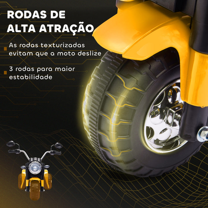 Motocicleta Elétrica Infantil com 3 Rodas Triciclo a Bateria 6V para Crianças de 18-36 Meses com Farol Buzina 72x57x56cm Amarelo