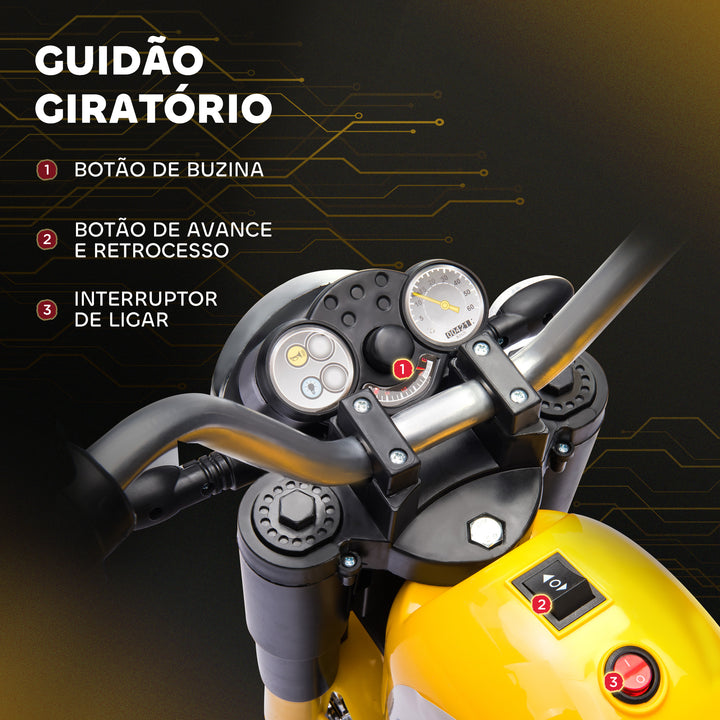 Motocicleta Elétrica Infantil com 3 Rodas Triciclo a Bateria 6V para Crianças de 18-36 Meses com Farol Buzina 72x57x56cm Amarelo