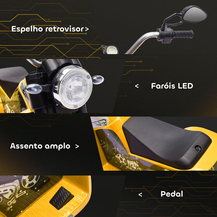 Motocicleta Elétrica Infantil com 3 Rodas Triciclo a Bateria 6V para Crianças de 18-36 Meses com Farol Buzina 72x57x56cm Amarelo