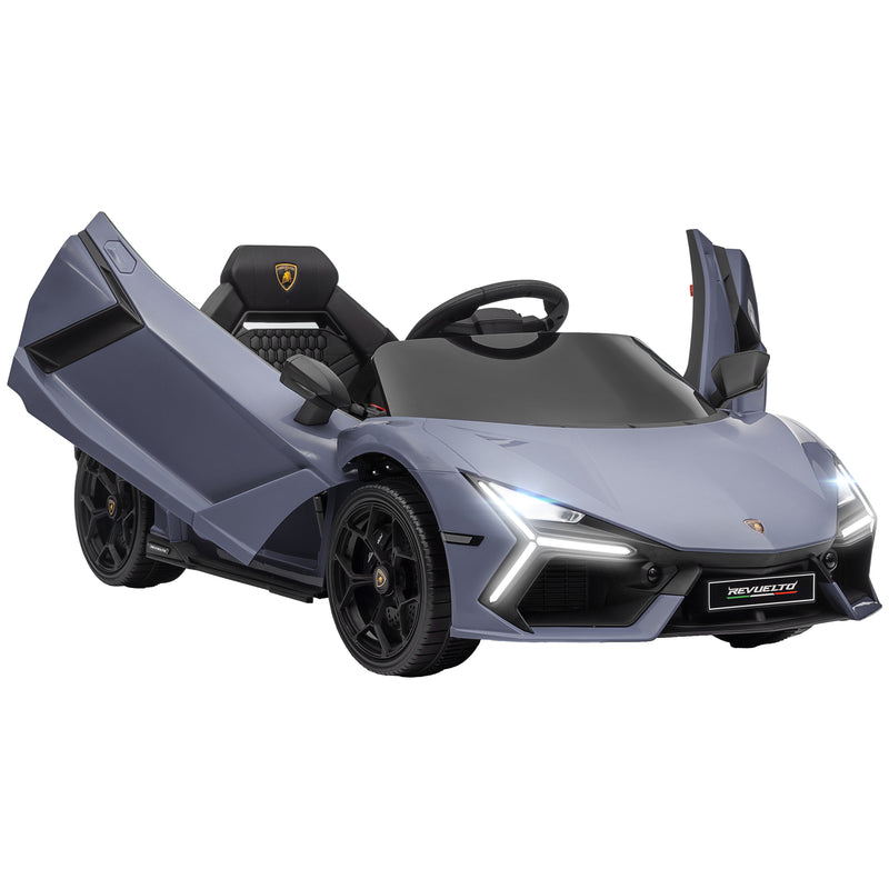 Carro Elétrico para Crianças acima de 3 Anos Carro Lamborghini Revuelto Carro Elétrico para Crianças com Bateria 12V Controlo Remoto Faróis LED Buzina Música e Rodas Auxiliares 105x60x40 cm Cinza