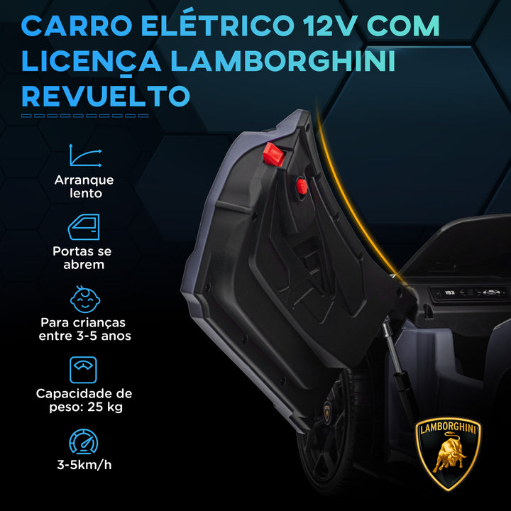 Carro Elétrico para Crianças acima de 3 Anos Carro Lamborghini Revuelto Carro Elétrico para Crianças com Bateria 12V Controlo Remoto Faróis LED Buzina Música e Rodas Auxiliares 105x60x40 cm Cinza