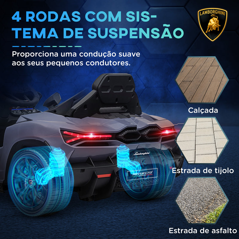 Carro Elétrico para Crianças acima de 3 Anos Carro Lamborghini Revuelto Carro Elétrico para Crianças com Bateria 12V Controlo Remoto Faróis LED Buzina Música e Rodas Auxiliares 105x60x40 cm Cinza