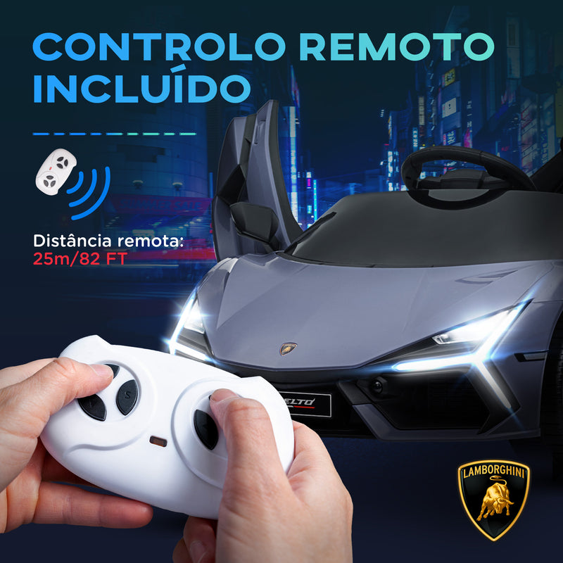 Carro Elétrico para Crianças acima de 3 Anos Carro Lamborghini Revuelto Carro Elétrico para Crianças com Bateria 12V Controlo Remoto Faróis LED Buzina Música e Rodas Auxiliares 105x60x40 cm Cinza