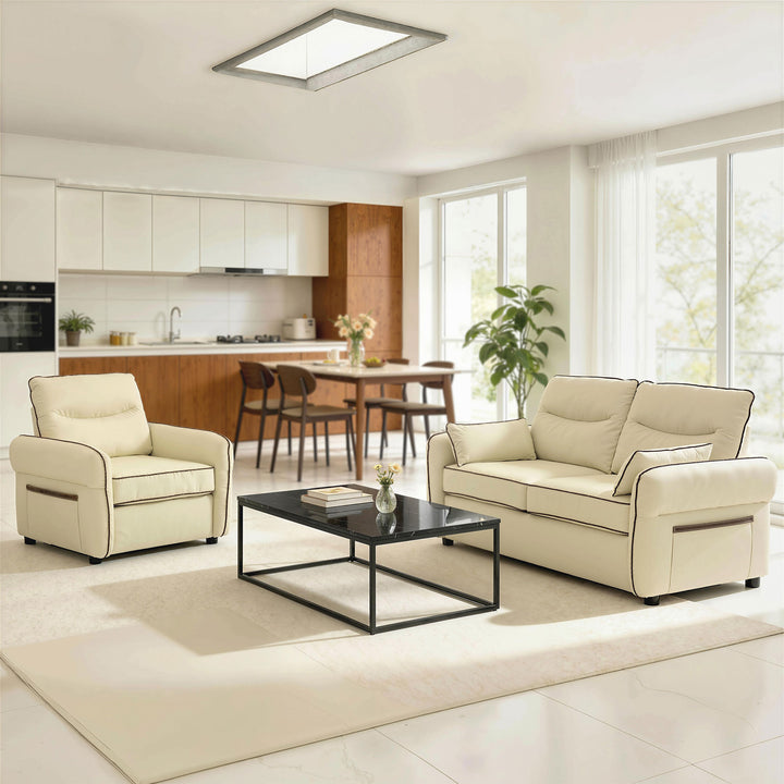 Poltrona Sala de Estar Estofada em Couro Sintético Poltrona Relax Moderna com Assento Largo Acolchoado Espesso Apoios de Braço e Bolso Lateral para Quarto Sala de Estar Capacidade 120 kg Bege