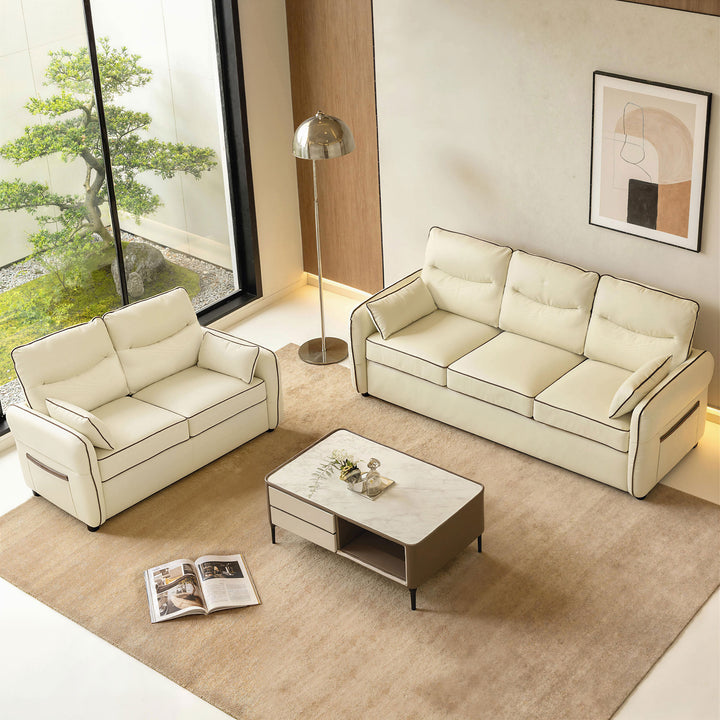 Poltrona Sala de Estar Estofada em Couro Sintético Poltrona Relax Moderna com Assento Largo Acolchoado Espesso Apoios de Braço e Bolso Lateral para Quarto Sala de Estar Capacidade 120 kg Bege
