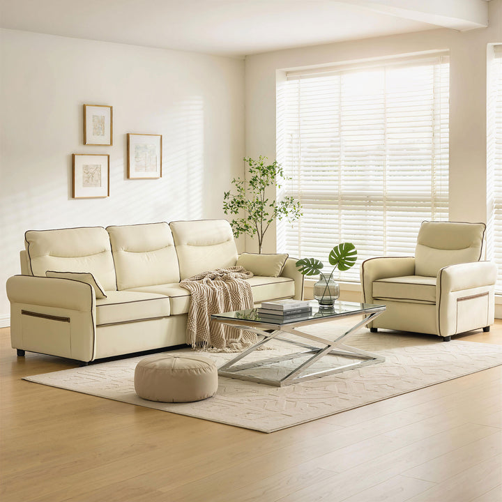 Poltrona Sala de Estar Estofada em Couro Sintético Poltrona Relax Moderna com Assento Largo Acolchoado Espesso Apoios de Braço e Bolso Lateral para Quarto Sala de Estar Capacidade 120 kg Bege
